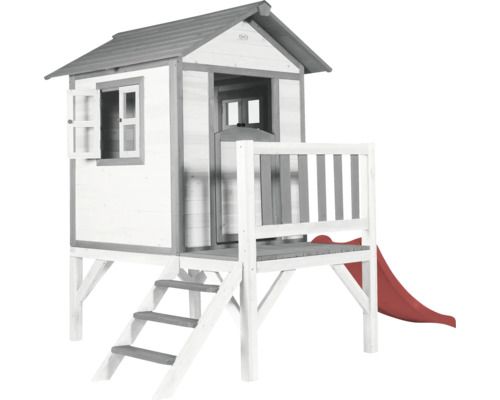 Cabane de jeux sur pilotis axi Lodge 240 x 167 bois gris contenant toboggan Maisonnette en bois avec toboggan et échelle