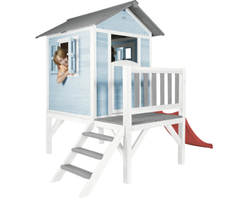 Cabane de jeux sur pilotis axi Lodge 240 x 167 cm bois bleu avec toboggan rouge Cabane en bois avec toboggan, escalier et fenêtre