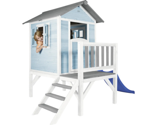 Cabane de jeux en bois avec toboggan, escalier et fenêtres pour enfants