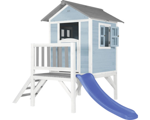 Maisonnette avec toboggan, échelle et rambarde en bois