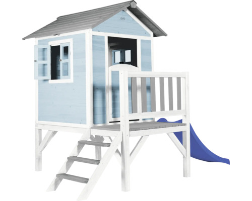 Cabane de jeux sur pilotis axi Lodge 240 x 167 bois bleu contenant toboggan Maisonnette en bois avec toboggan et escalier