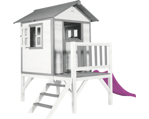 Cabane de jeux sur pilotis axi Lodge 240 x 167 cm bois gris avec toboggan violet