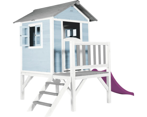 Cabane de jeux sur pilotis axi Lodge 240 x 167 cm bois bleu avec toboggan violet Cabane de jeu en bois avec toboggan et escalier