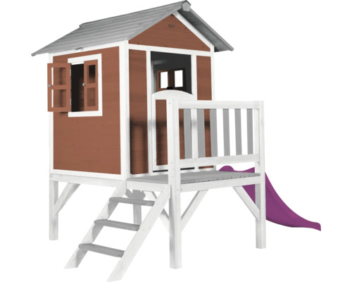 Cabane de jeux sur pilotis axi Lodge 240 x 167 cm bois rouge avec toboggan rouge/violet