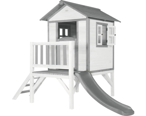 Spielhaus aus Holz mit Rutsche, Fenster und Geländer