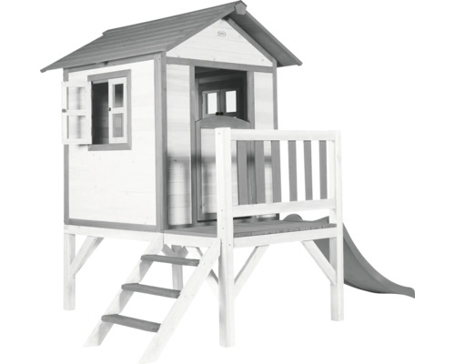 Cabane de jeux sur pilotis axi Lodge 240 x 167 bois gris contenant toboggan Maisonnette en bois avec toboggan, échelle et fenêtre