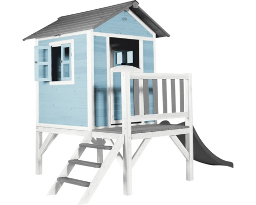 Cabane de jeux sur pilotis axi Lodge 240 x 167 cm bois bleu avec toboggan noir Maisonnette en bois avec toboggan et escalier