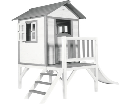 Cabane de jeux sur pilotis axi Lodge 240 x 167 cm bois gris avec toboggan blanc