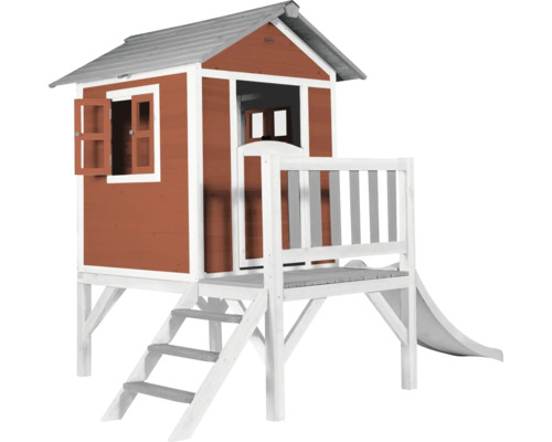 Cabane de jeux sur pilotis axi Lodge 240 x 167 cm bois rouge avec toboggan rouge/blanc