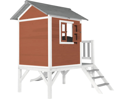 Spielhaus aus Holz mit Treppe und Rutsche