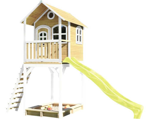 Cabane de jeux sur pilotis axi 420 x 191 cm bois marron avec toboggan vert tilleul