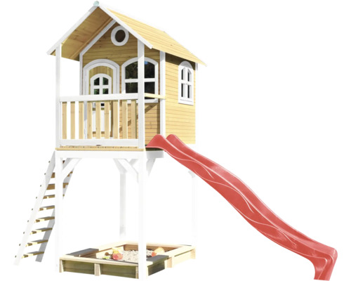 Cabane de jeux sur pilotis axi 420 x 191 cm bois brun avec toboggan rouge Maison de jeux en bois avec toboggan, bac à sable et échelle pour enfants
