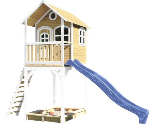 Cabane de jeux sur pilotis axi 420 x 191 cm bois marron avec toboggan bleu Maisonnette en bois avec toboggan et bac à sable