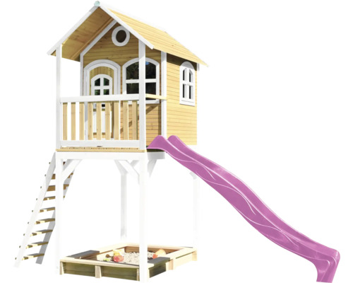 Cabane de jeux sur pilotis axi 420 x 191 cm bois marron avec toboggan lilas