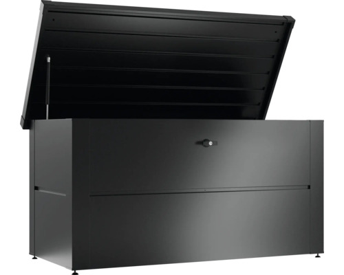 Coffre de jardin noir ouvert pour le rangement extérieur