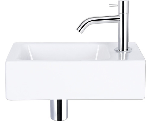Ensemble lave-mains Hura L 40x22 cm céramique blanc avec robinet d’eau froide et siphon chrome
