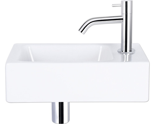 Set de lave-mains Differnz Hura L 40 x 22 cm céramique blanche y compris robinet de lavabo et siphon chrome