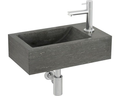 Handwaschbecken-Set Tarn 40x23 cm Naturstein grau inkl. Waschtischarmatur und Siphon chrom