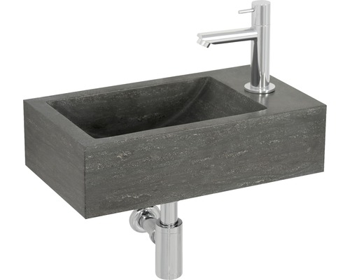 Ensemble lave-mains Tarn 40x23 cm pierre naturelle gris avec mitigeur et siphon chrome