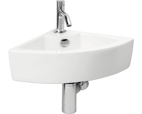 Eckhandwaschbecken-Set Keres 32 cm weiss inkl. Waschtischarmatur und Siphon chrom Eckwaschbecken mit Armatur und Siphon