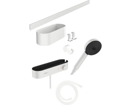 Robinet de douche avec thermostat hansgrohe WallStoris blanc mat 24250700 Hansgrohe AddStoris Set de douche avec barre de douche, tablette, flexible de douche et douchette à main
