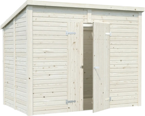 Abri de jardin en bois avec double porte, partiellement ouverte