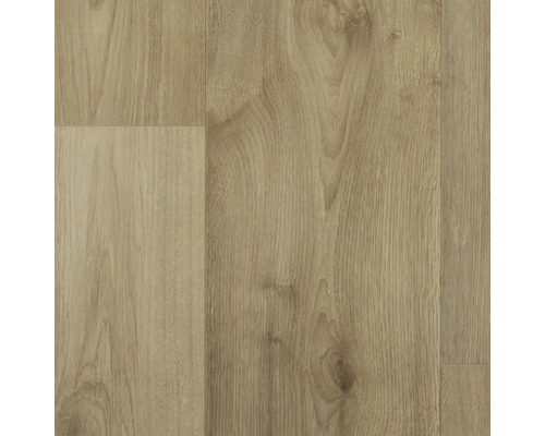 Sol PVC Booster marron chêne largeur 400 cm (au mètre) Gros plan d''un sol stratifié avec une texture de bois