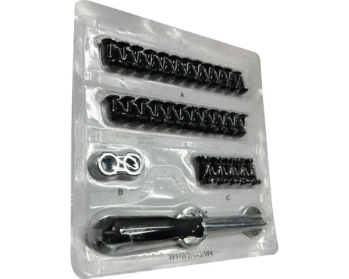 Befestigungsset mit Schrauben, Muttern und Werkzeug in Kunststoffverpackung