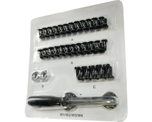 Schrauben, Muttern und Werkzeugsatz in Kunststoffverpackung