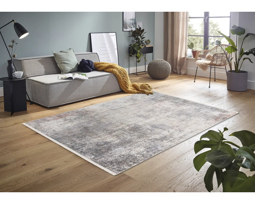 Wohnzimmer mit Sofa, Pflanzen, Dekoration und einem gemusterten Teppich