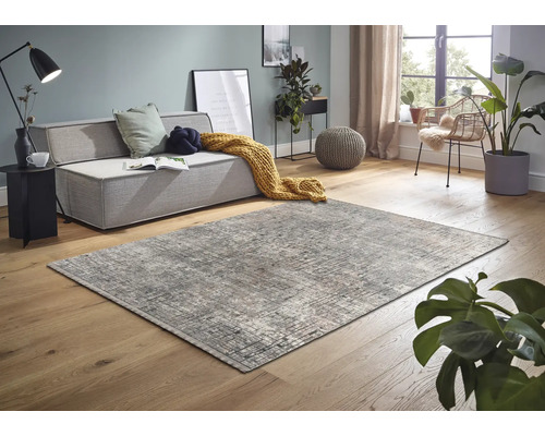 Wohnzimmer mit abstraktem Teppich, Couch und Zimmerpflanzen