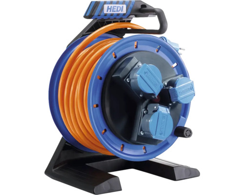 Enrouleur de câble K7 Companion 3 x T13 câble blindé H07BQ-F 3G2,5 orange 25 m Enrouleur de câble HEDI avec câble orange et cadre bleu