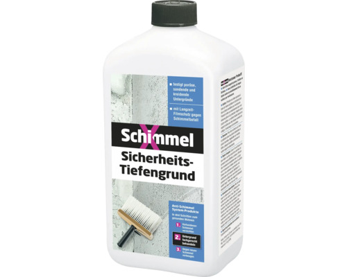 SchimmelX Sicherheits Tiefengrund Grundierung 1 l Schimmel Sicherheits Tiefengrund in einer weißen Flasche mit schwarzem Deckel