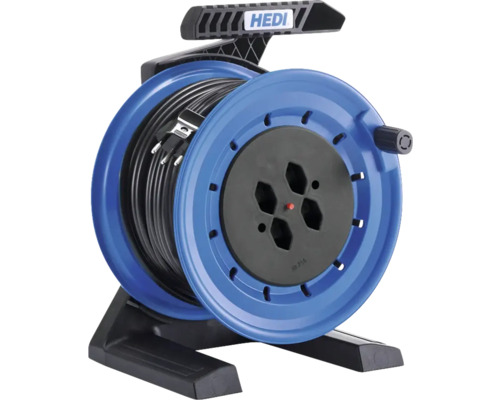 Kabelrolle K7 Coworker 4 x T13 PVC-Leitung H05VV-F 3G1,5 in schwarz 50 m IP 20 Kabeltrommel mit schwarzem Kabel und blauer Trommel auf schwarzem Gestell