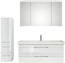 Ensemble de meubles de salle de bains blancs avec armoire de toilette, meuble-lavabo et armoire haute