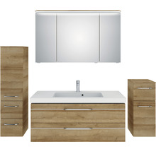 Ensemble de meubles de salle de bains avec meuble sous-lavabo, armoire de toilette et deux armoires latérales aspect bois