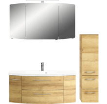 Ensemble de salle de bains avec armoire de toilette, meuble sous-lavabo et armoire haute aspect bois
