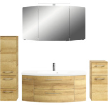 Ensemble de salle de bains avec lavabo, armoire de toilette et armoires latérales à décor bois