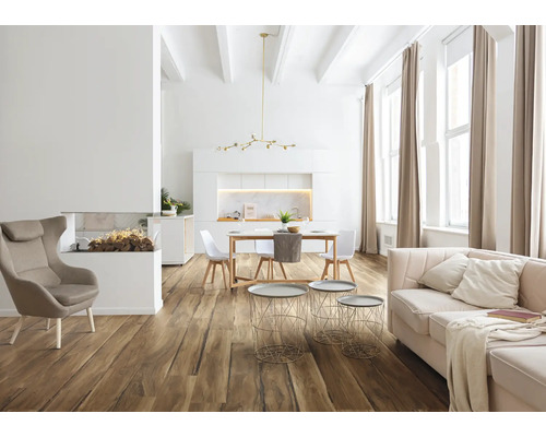 Salon lumineux avec plancher en bois, canapé, fauteuil et table à manger