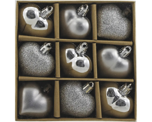 Weihnachtsdeko Herzen Kunststoff silber 4,5 cm 9 Stück Neun herzförmige Christbaumkugeln aus Glas in einer Verpackung