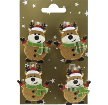 Vier Filz-Weihnachtsanhänger in Rentierform mit Schal und Mütze auf einer Karte