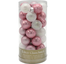 Paquet de boules de Noël roses et blanches en verre
