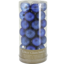 Ensemble de boules de Noël bleues en verre dans un récipient en plastique