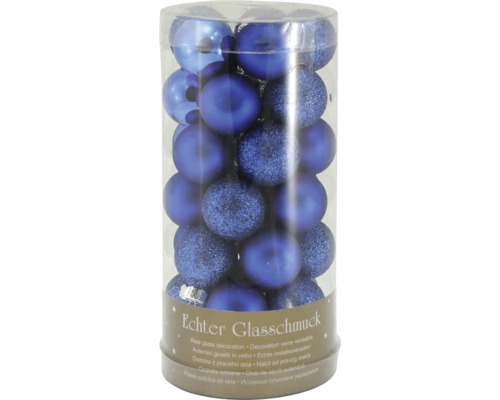 Ensemble de boules de Noël bleues en verre dans un récipient en plastique