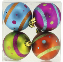 Quatre boules de Noël décoratives avec rayures et motifs à pois