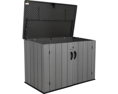 Geöffnete graue Gerätebox für den Aussenbereich zur Aufbewahrung von Gartengeräten