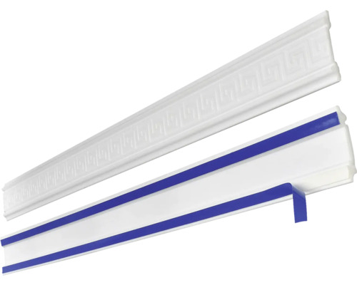 Flachprofil Ramona selbstklebend, 1 x 1.5 m, 10 x 48 mm Zwei weisse Zierleisten mit Muster und Montageklebeband