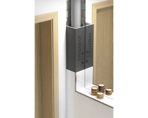 Salle de bains avec habillage de tuyau et étagère de miroir