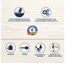 Informationen zu Produkteigenschaften: Haftverbesserung für nachfolgende Anstriche, Systemabstimmung mit allen Bondex Produkten, Bondex Logo, geeignet für Aussen, Pinselreinigung mit Wasser, nach sechs Stunden überstreichbar.