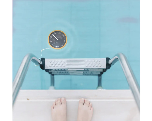 Poolszene mit Poolthermometer, Leiter und Füssen